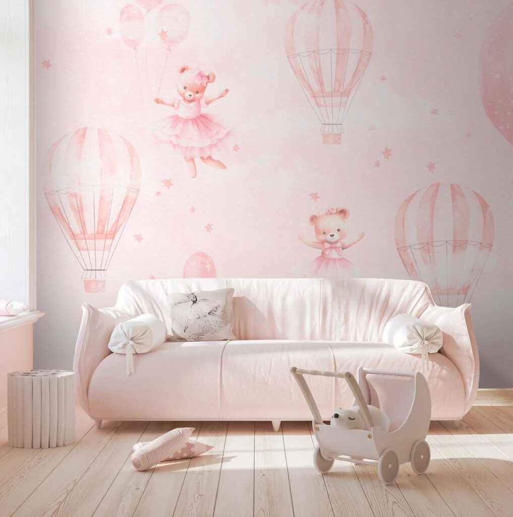 A pink background with teddy bears and hot air balloons A pink background with teddy bears and hot air balloons