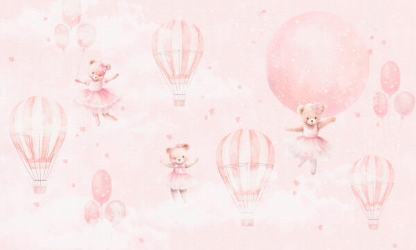 A pink background with teddy bears and hot air balloons A pink background with teddy bears and hot air balloons