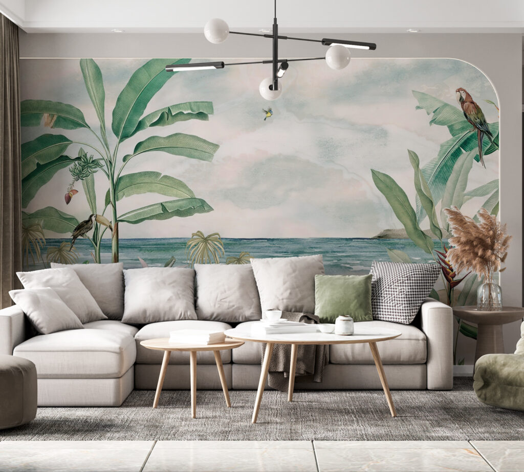A painting of a beach with plants and a bird flying A painting of a beach with plants and a bird flying