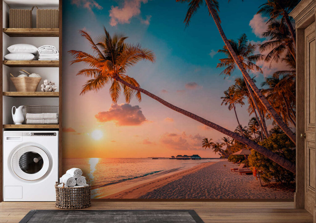 A beach with palm trees and a body of water A beach with palm trees and a body of water