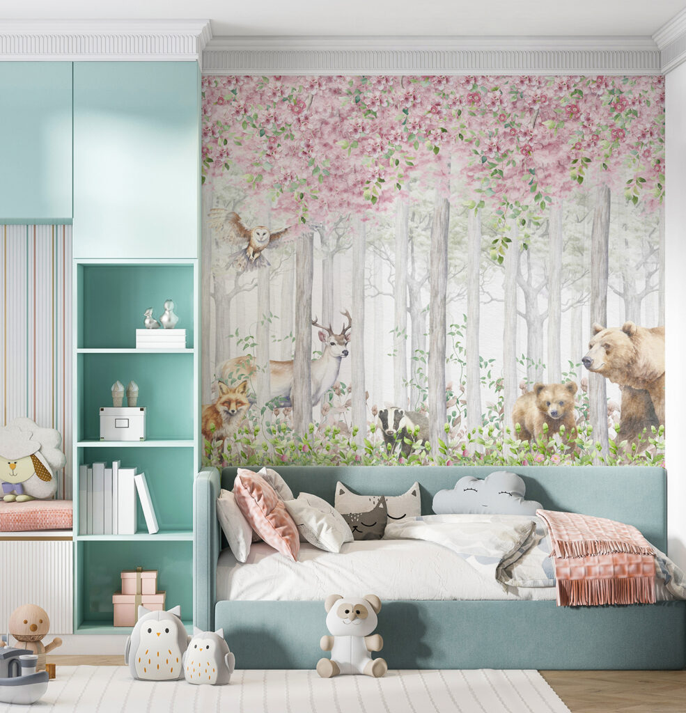 A painting of animals in the woods