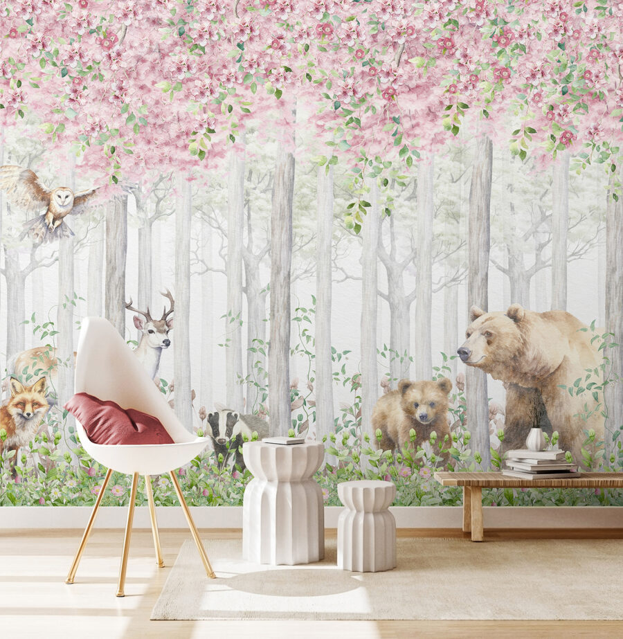 A painting of animals in the woods A painting of animals in the woods