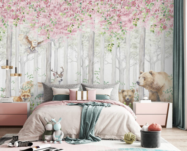 A painting of animals in the woods A painting of animals in the woods
