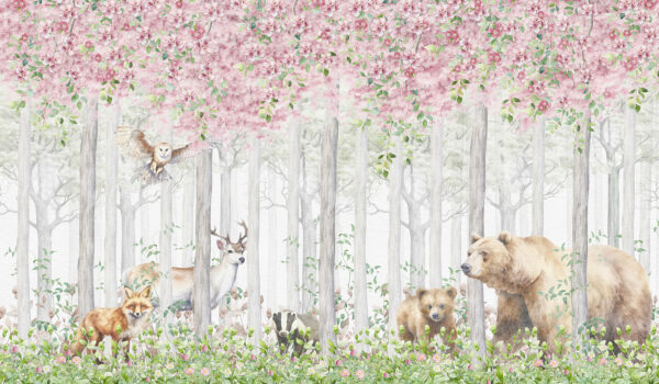 A painting of animals in the woods A painting of animals in the woods
