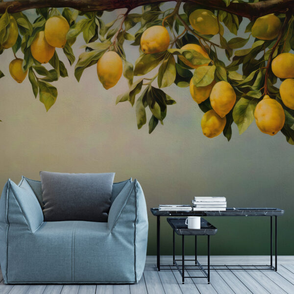 A painting of lemons on a tree branch