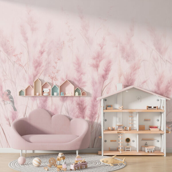 A group of birds in a field of pink grass A group of birds in a field of pink grass