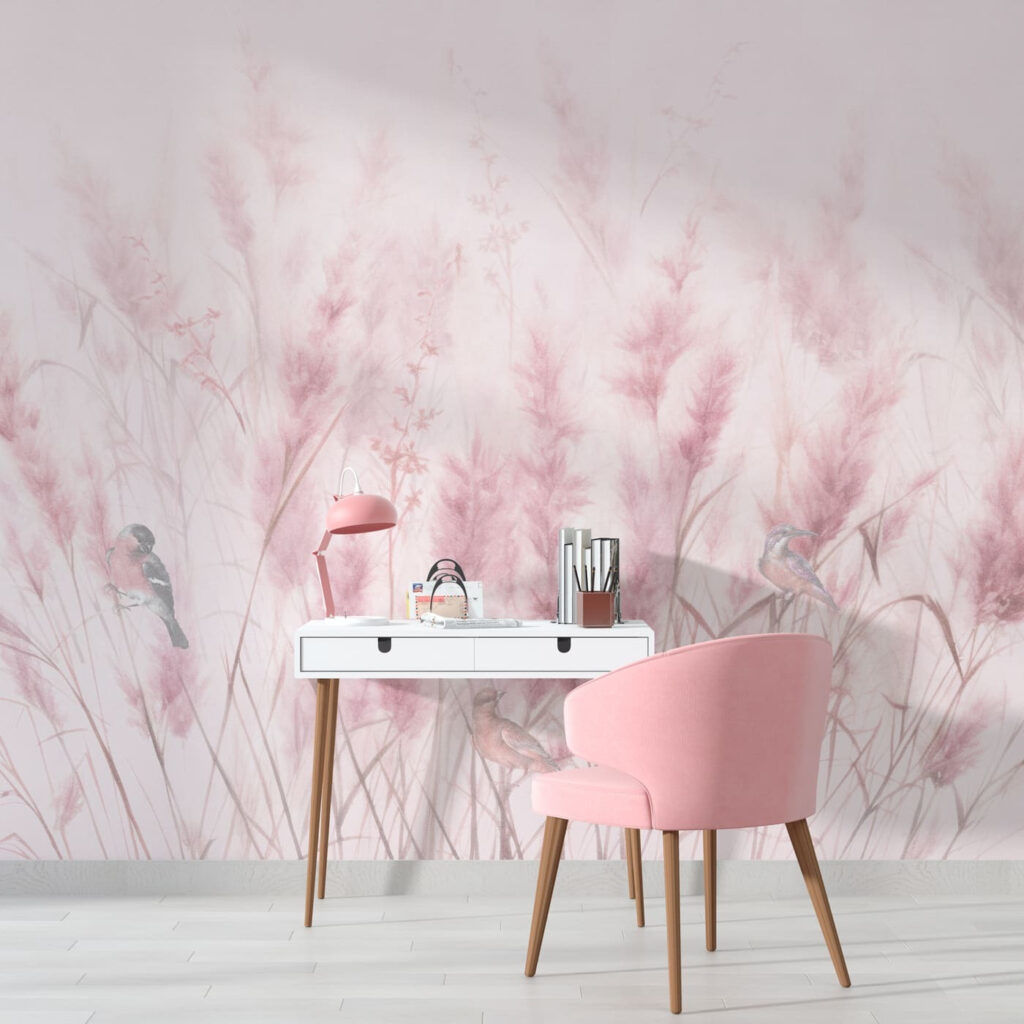 A group of birds in a field of pink grass A group of birds in a field of pink grass