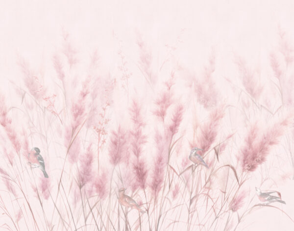 A group of birds in a field of pink grass A group of birds in a field of pink grass