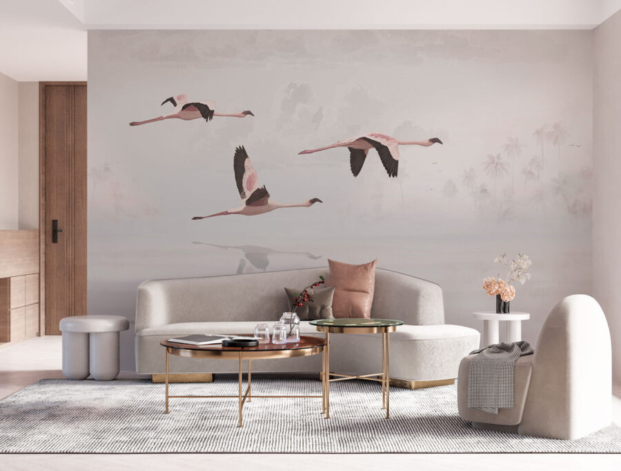 Wall murals A group of flamingos flying over water - Image 2