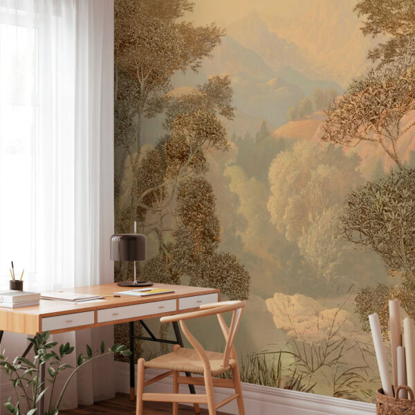 A painting of a river and trees A painting of a river and trees