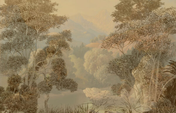 A painting of a river and trees A painting of a river and trees