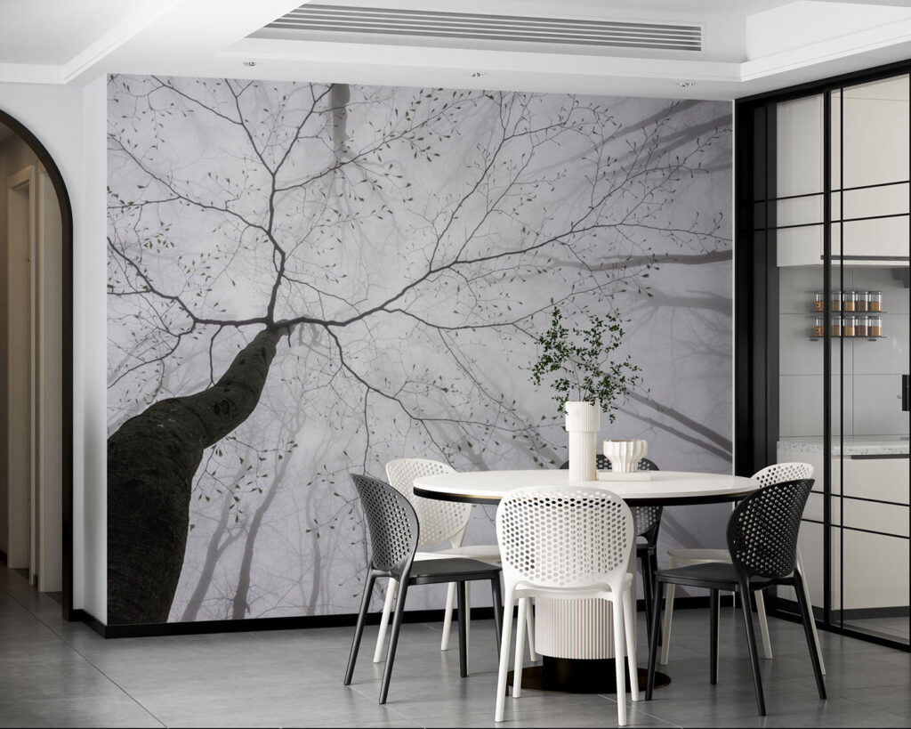 Looking up at trees in the fog Looking up at trees in the fog