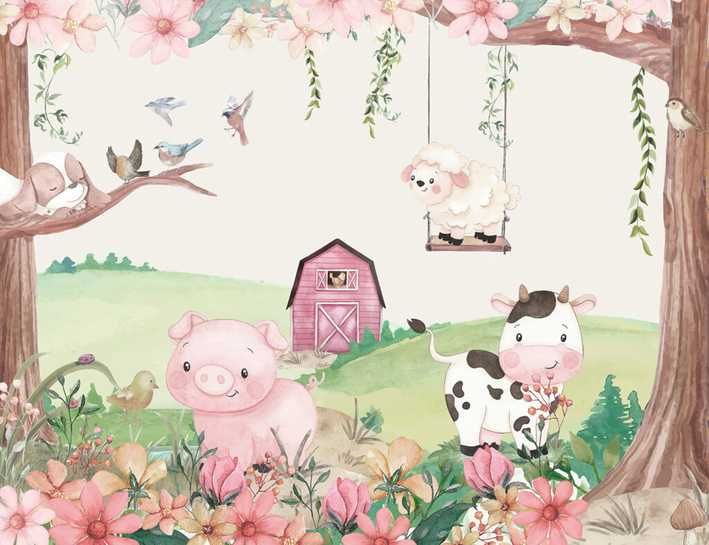 A watercolor painting of animals in a farm A watercolor painting of animals in a farm