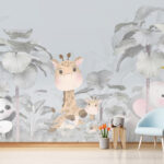 Wall murals A giraffe and elephant in a forest