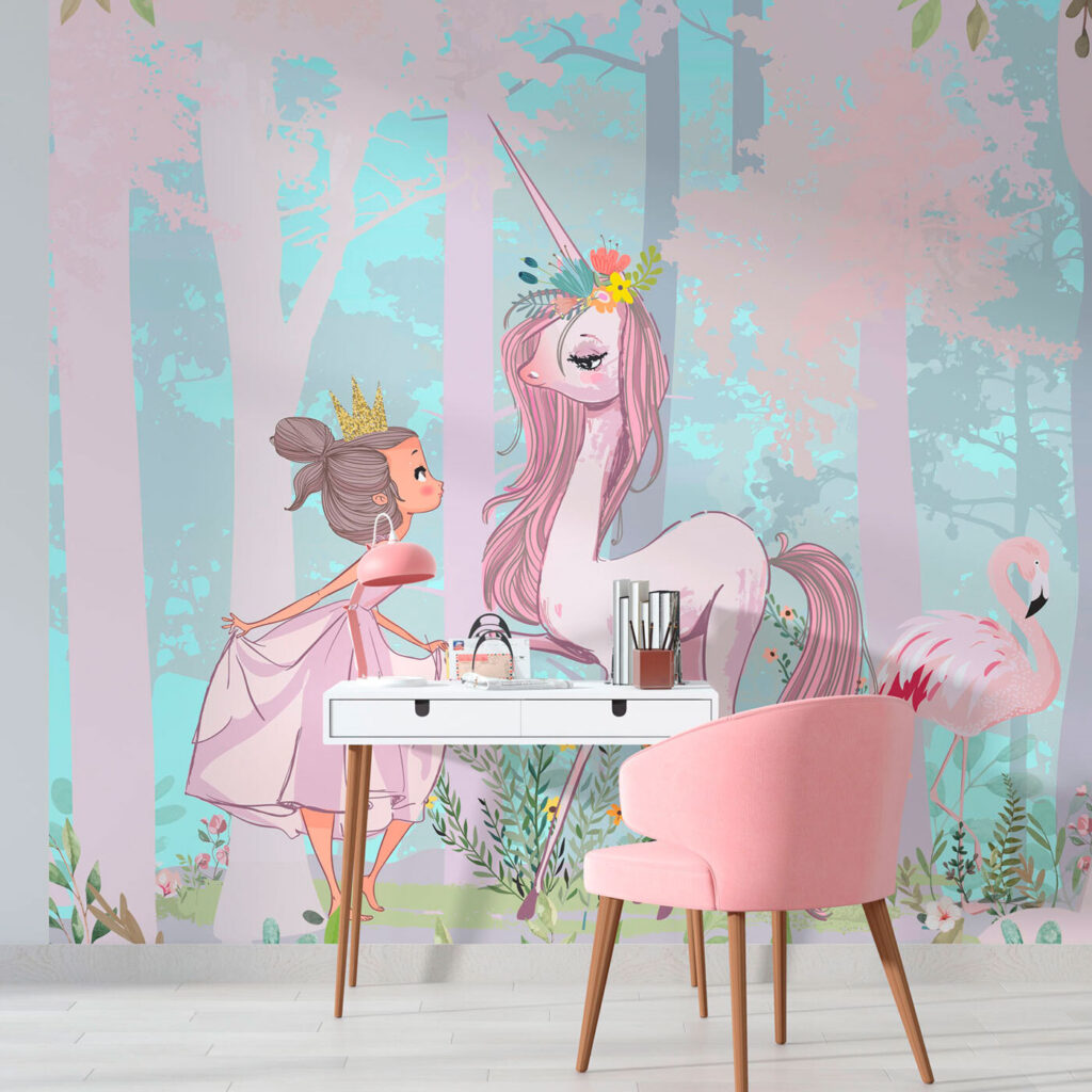 A cartoon of a girl and a unicorn in a forest