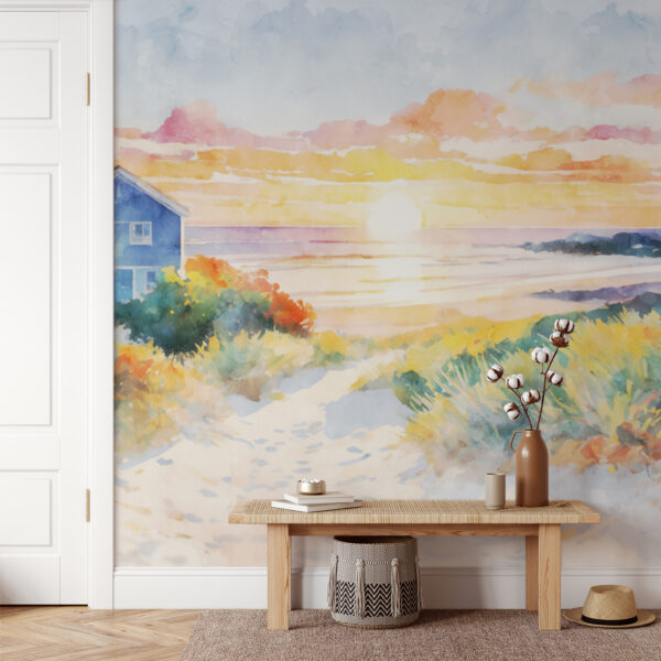 Watercolor painting of a house and a beach Watercolor painting of a house and a beach