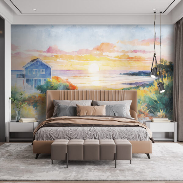 Watercolor painting of a house and a beach Watercolor painting of a house and a beach