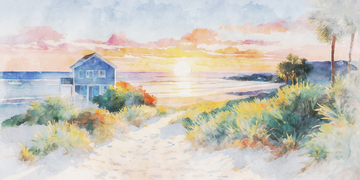 Watercolor painting of a house and a beach