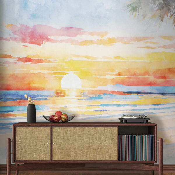 Watercolor of a beach with a sunset Watercolor of a beach with a sunset