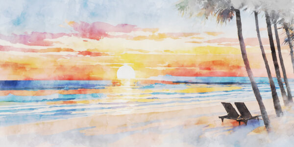 Watercolor of a beach with a sunset Watercolor of a beach with a sunset