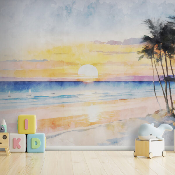 Wall murals Wall murals Watercolor of a beach with palm trees and a sunset (SKU: u97297)