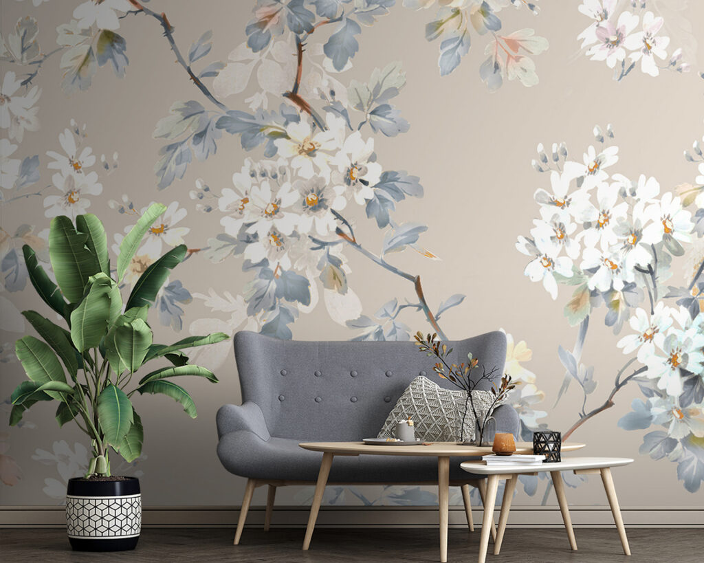 Floral pattern of white flowers and blue leaves Floral pattern of white flowers and blue leaves