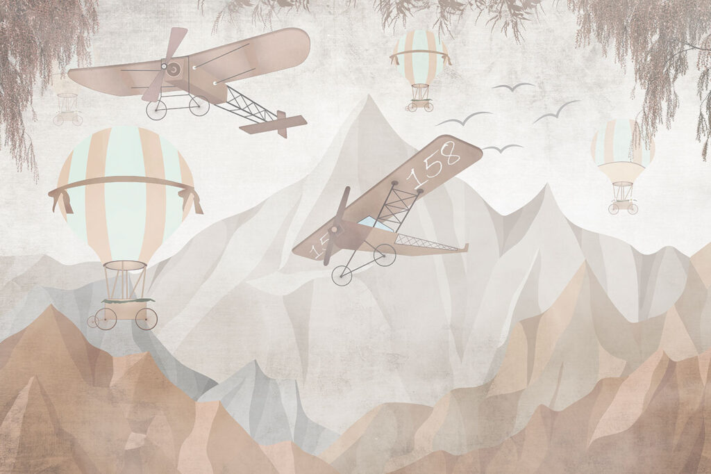 Painting of airplanes flying over mountains Painting of airplanes flying over mountains