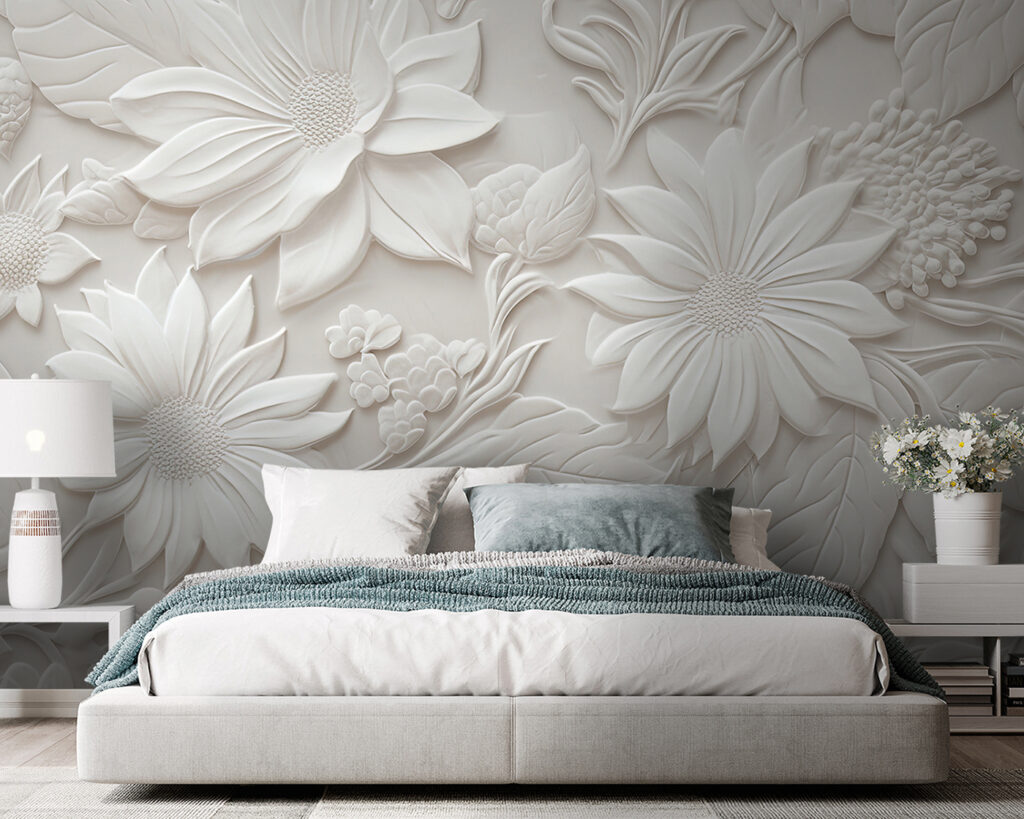 White wall with flowers and leaves