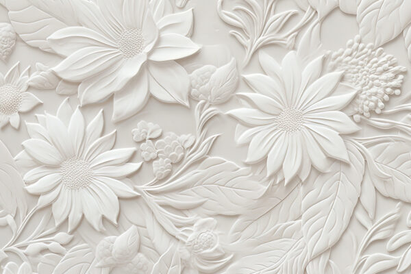 White wall with flowers and leaves White wall with flowers and leaves
