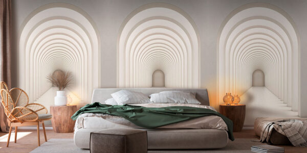 White hallway with arched windows White hallway with arched windows