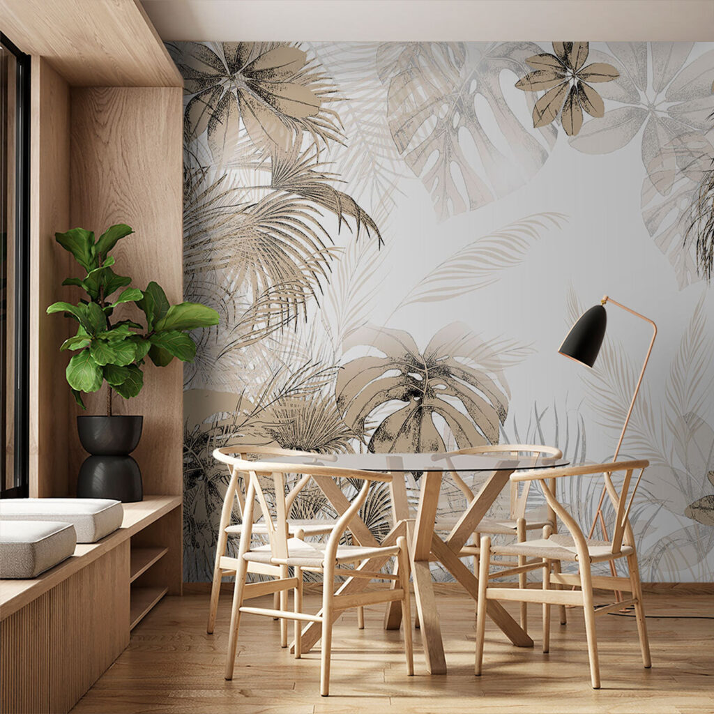 Tropical leaves in soft neutral tones