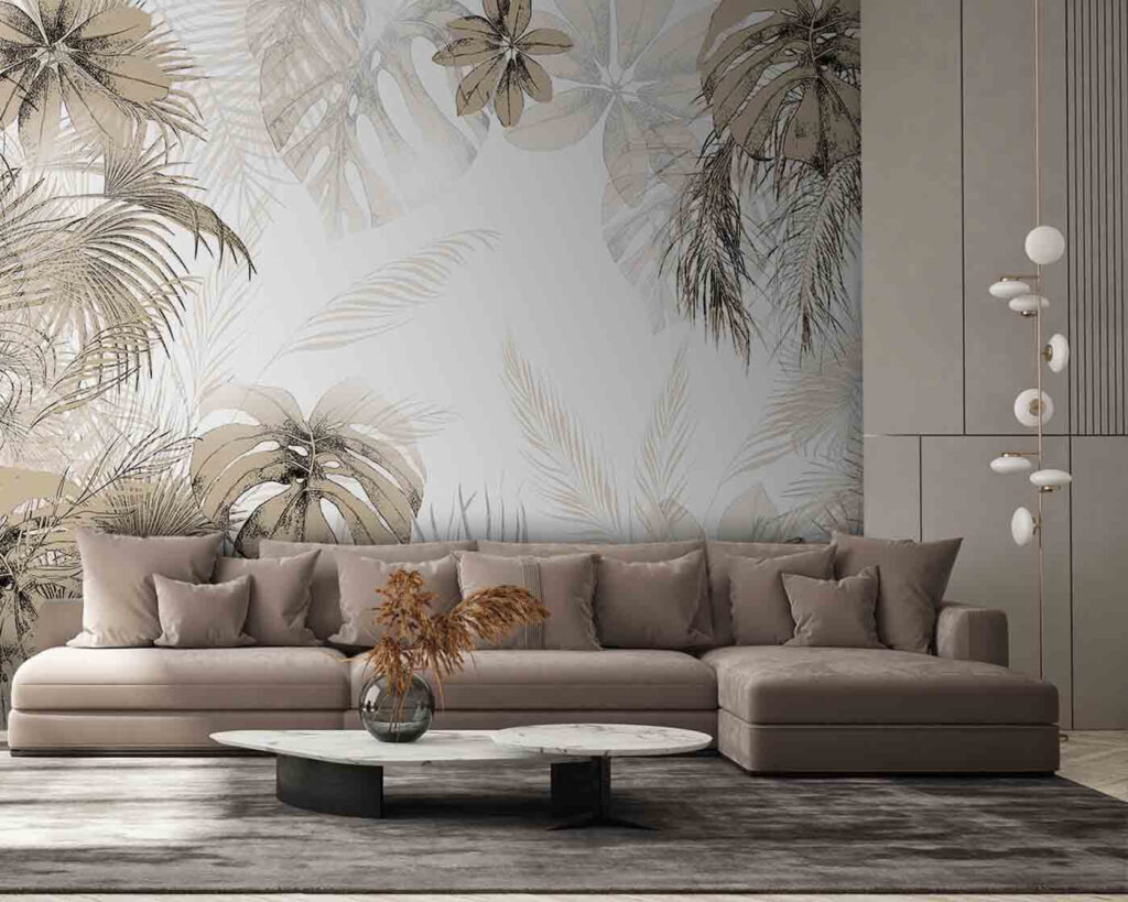Tropical leaves in soft neutral tones