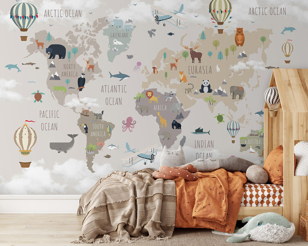 Map of the world with animals and birds Map of the world with animals and birds