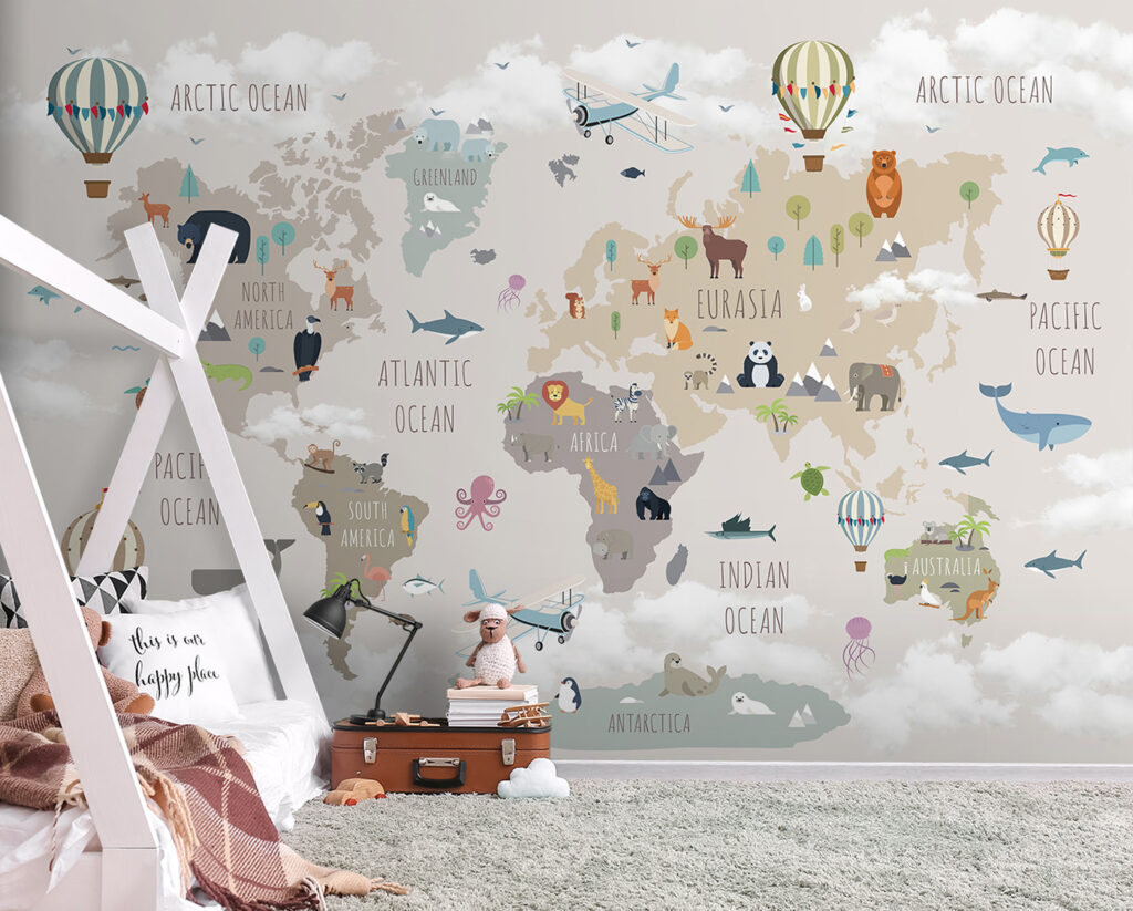 Map of the world with animals and birds Map of the world with animals and birds