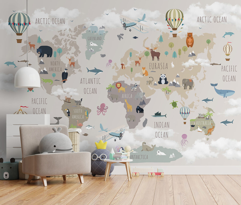 Map of the world with animals and birds Map of the world with animals and birds