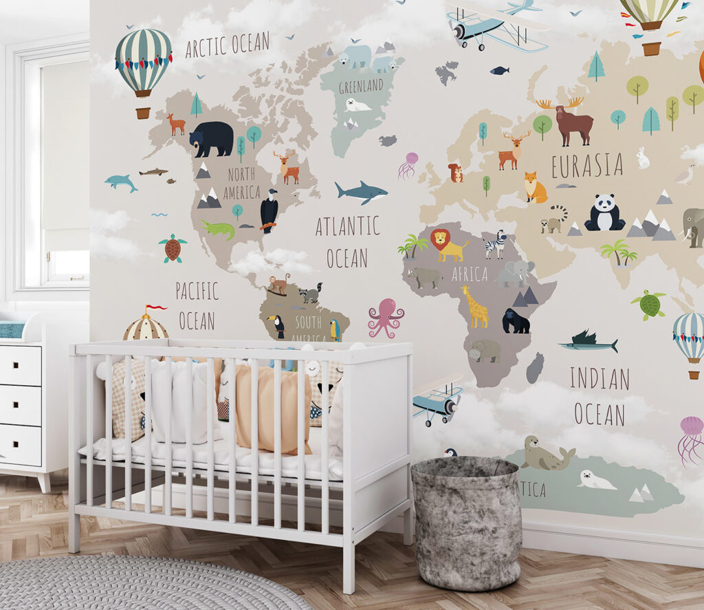 Map of the world with animals and birds Map of the world with animals and birds