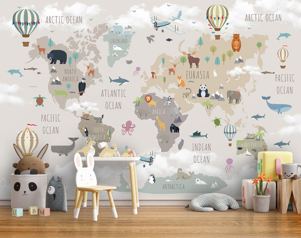Map of the world with animals and birds Map of the world with animals and birds