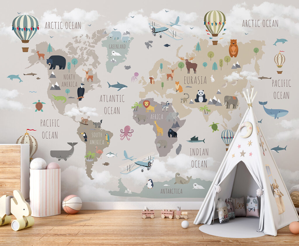 Map of the world with animals and birds Map of the world with animals and birds