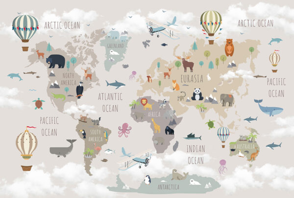 Map of the world with animals and birds Map of the world with animals and birds