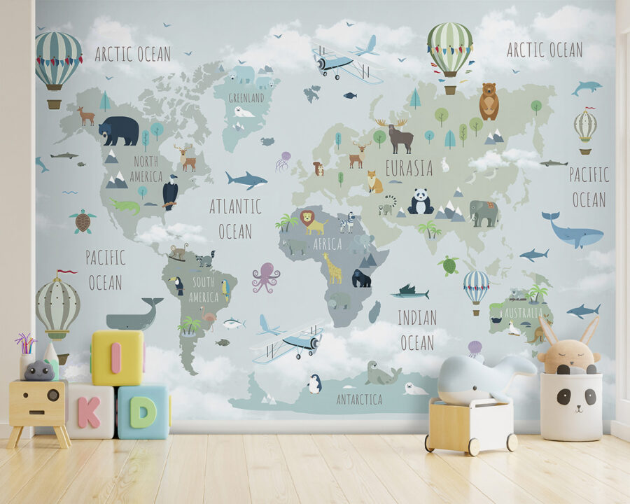 Map of the world with animals and birds