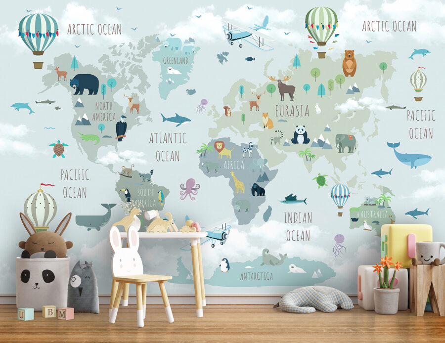 Map of the world with animals and birds