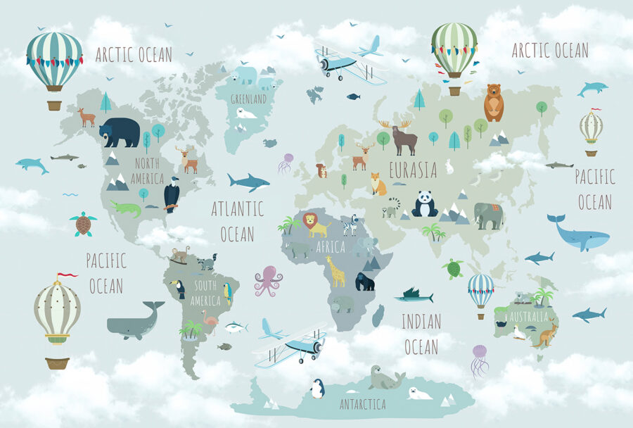 Map of the world with animals and birds