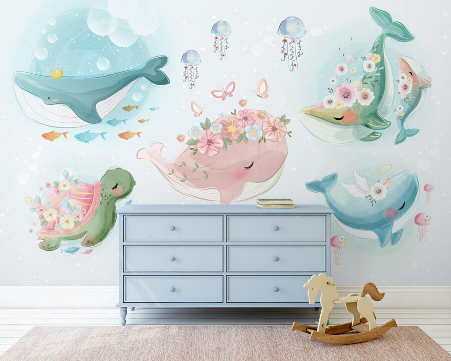 Group of cartoon whales