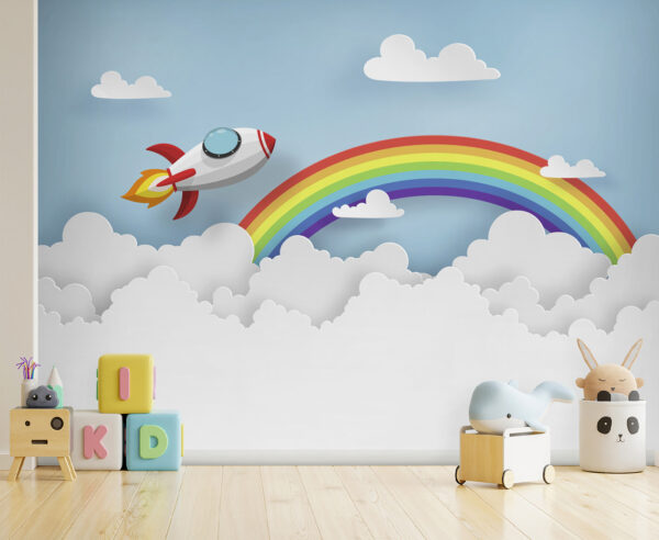 Rocket flying in the sky with clouds and rainbow Rocket flying in the sky with clouds and rainbow