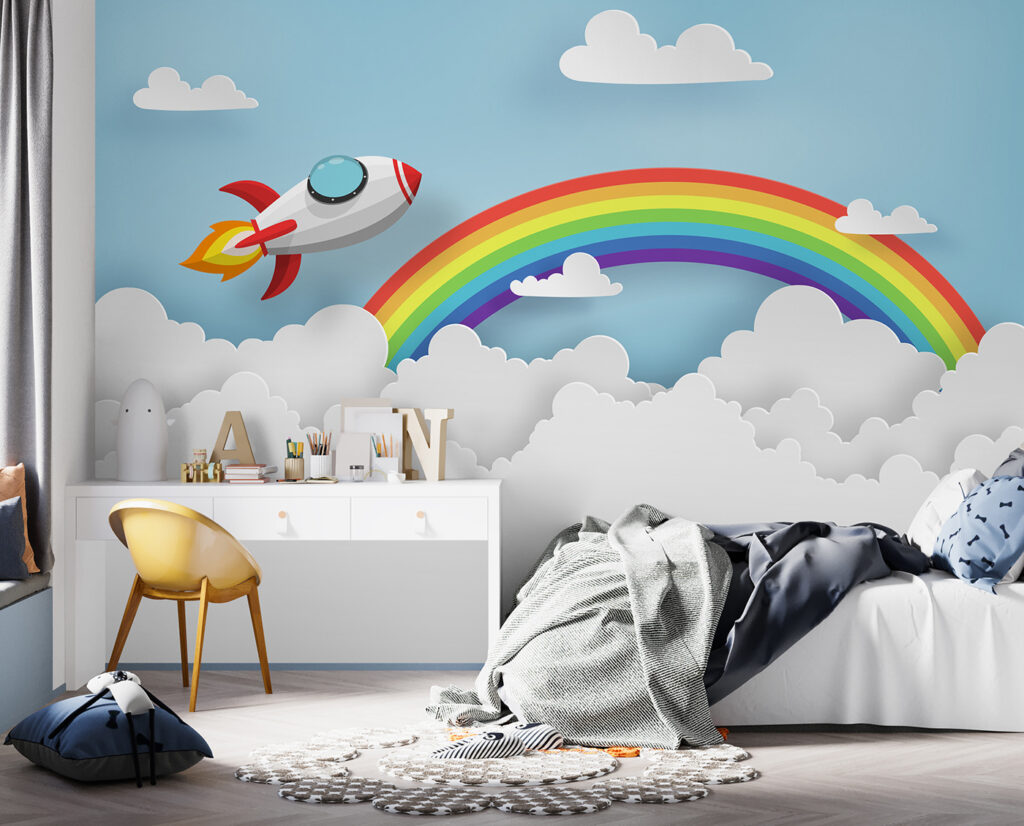 Rocket flying in the sky with clouds and rainbow Rocket flying in the sky with clouds and rainbow