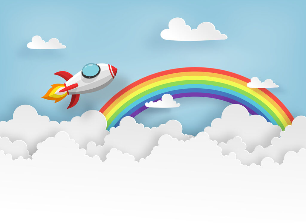 Rocket flying in the sky with clouds and rainbow Rocket flying in the sky with clouds and rainbow