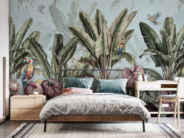 Wallpaper with a variety of plants and birds