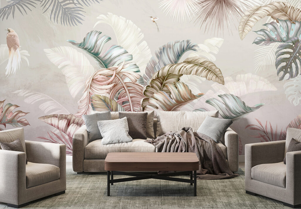 Tropical foliage with delicate birds