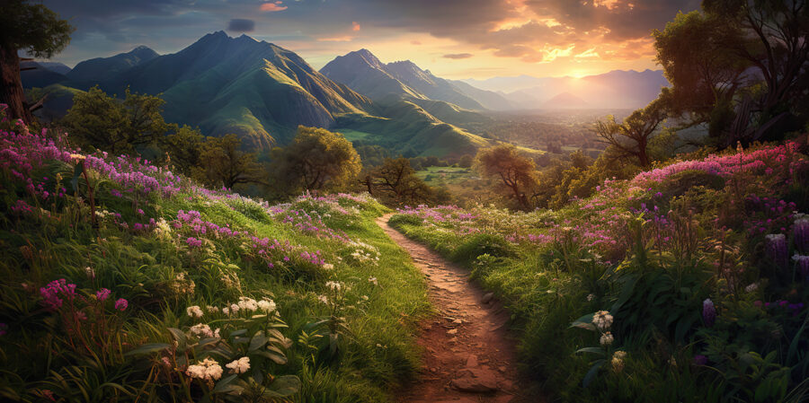 Path through a grassy area with flowers and mountains in the background