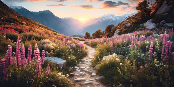 Path through a mountain with flowers Path through a mountain with flowers
